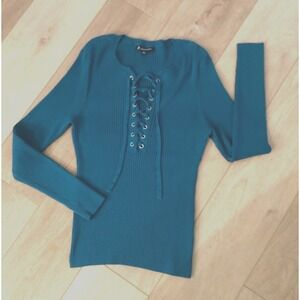 Inc.International Concepts Blue Ribbed Lace Up Sweater Women's XL